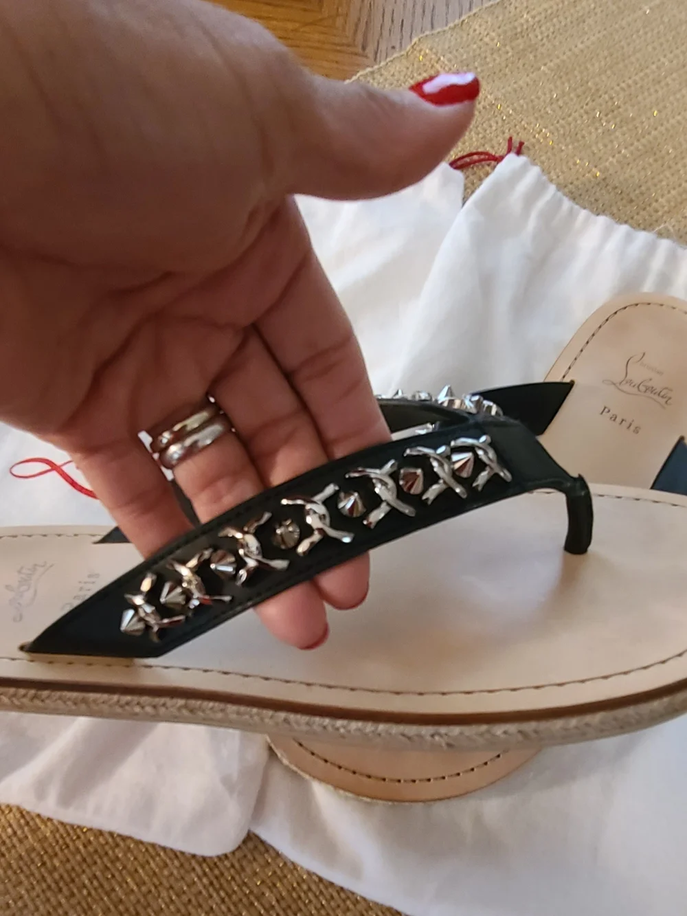 Christian Louboutin Black Embellished Leather Thong Sandals made In SPAIN.